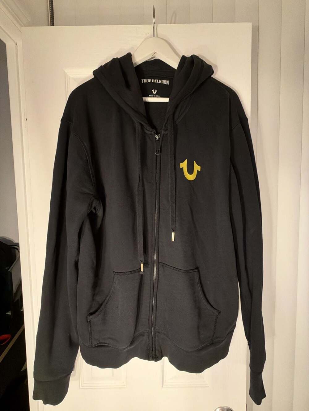 True Religion World Tour Zip Up Hoodie Size XL Black Yellow Buddha Logo